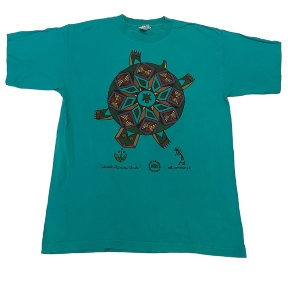 Vintage Warrior Native American Mimbres Turtle Kokopelli Tee Teal Green Large